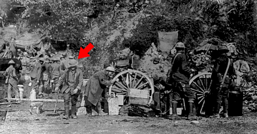 Herb (arrow) behind the lines, somewhere near Quelquepart-sur-Marne, about 1918. Note cluster of doughboys behind Herb, examining mess-kit cup with noncollapsing handle.